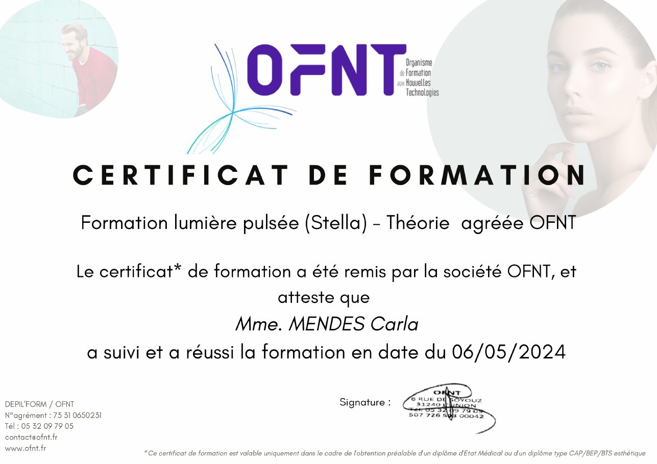 Certificat Lumière pulsée, Carla Mendes