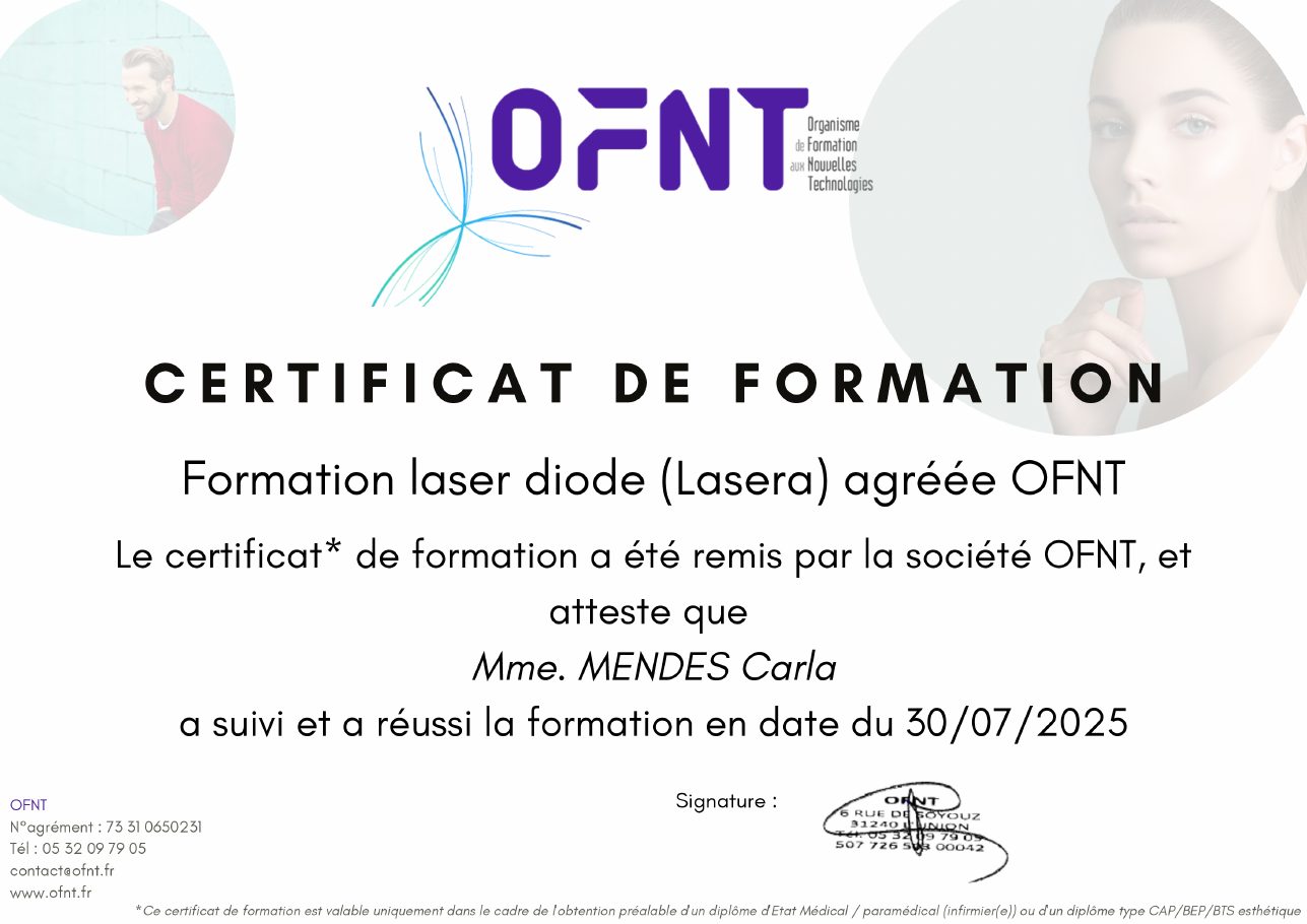 Certificat Épilation au laser diode, Carla Mendes